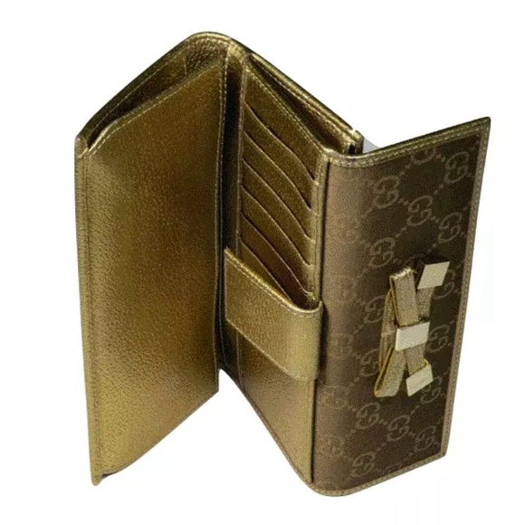 Gucci Princy Long Trifold Flap Wallet Gold Metallic and Brown GG Monogram Bow - Picture 4 of 17